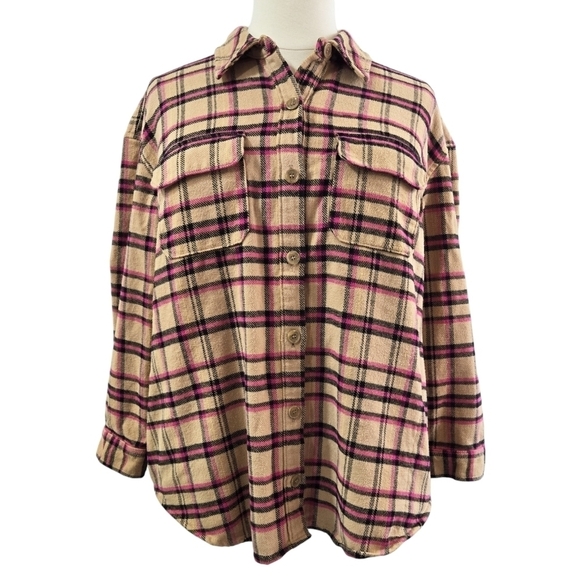Lane Bryant Tan Pink Classic Button Front Plaid Shacket 100% Cotton Cabincore - Picture 1 of 10